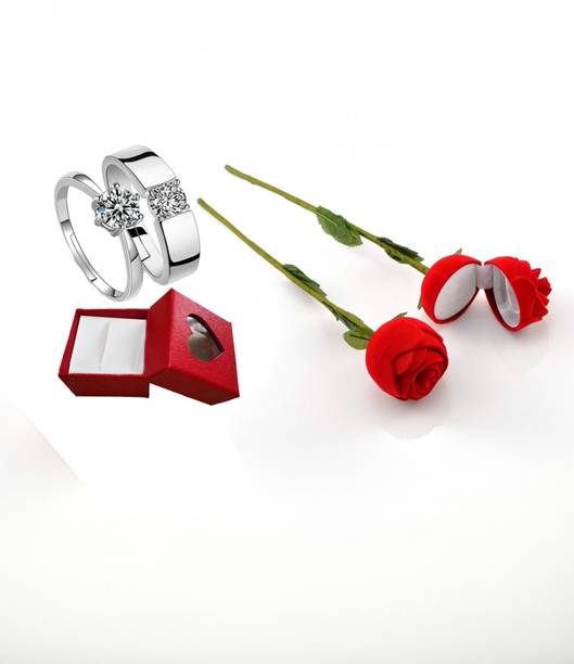 SILVERISH Valentine Day Gift Couple Ring With Beautiful Red Rose Box (1 Rose Box, 1 Pair Rings) Alloy Cubic Zirconia Platinum Plated Ring Set