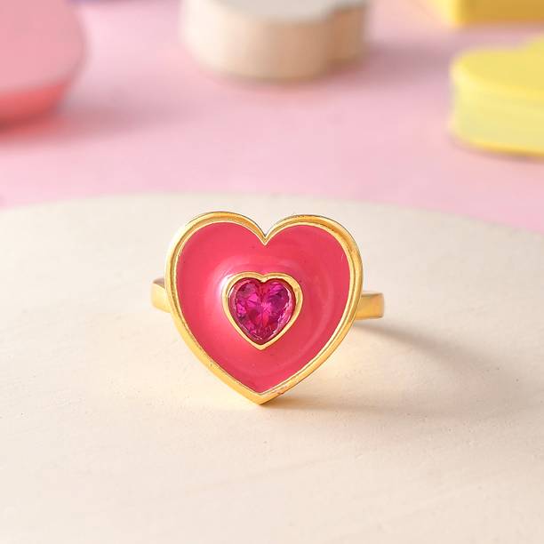 Voylla Valentine's Day Pink Heart Ring Brass Gold Plated Ring