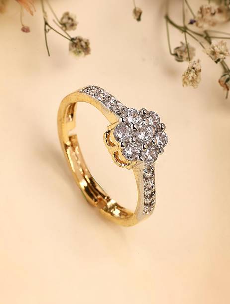 ZENEME Gold Toned White American Diamond Round Shape Ring For Women & Girls Brass Crystal Gold Plated Ring