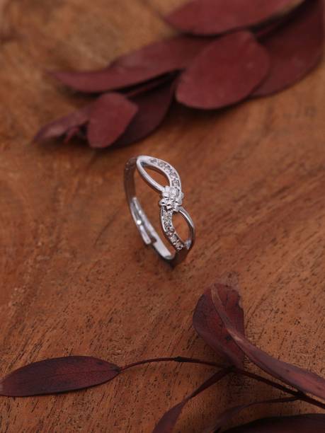 Sangria Silver Plated American Diamond Adjustable Finger Ring for Women and Girls Brass Diamond Silver Plated Ring