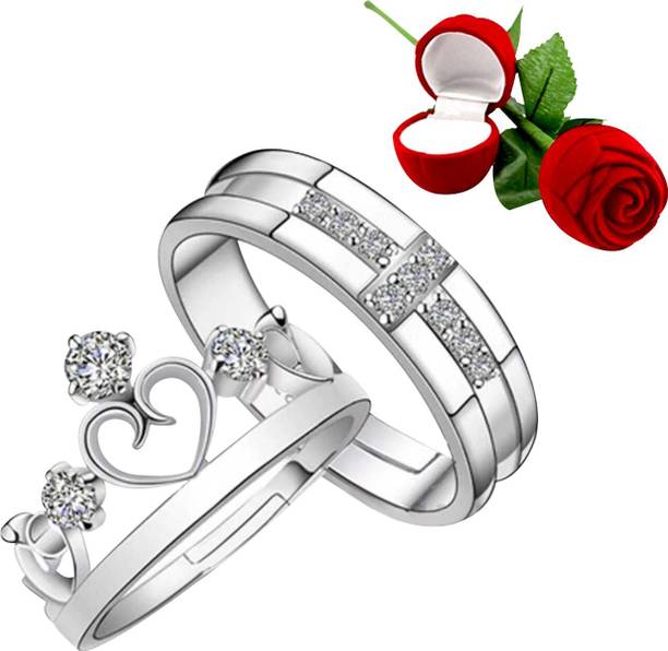 SILVER SHINE Couple Rings for lovers Silver Plated Adjustable Couple Ring with 1 Piece Red Rose Gift Box for Men and Women Alloy Ring Set