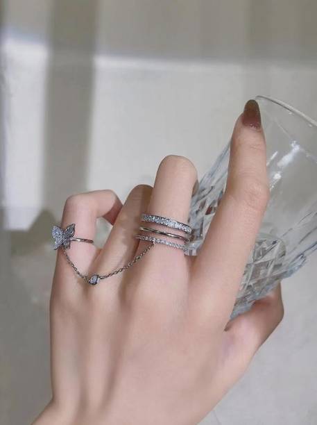 Ad Stone Butterfly Chain For Women Girls Korean Western fashion party Alloy Crystal Silver Plated Ring Set