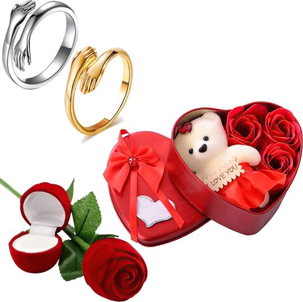 Thrillz Valentine Gift For Girlfriend Gold Silver Hug Ring For Women Red Rose Heartbox Stainless Steel Gold Plated Ring