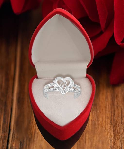 Heer Collection Heart Alphabet 'B' Valentine Ring Promise Propose Engagement Wedding Anniversary Brass, Stainless Steel, Copper, Alloy Cubic Zirconia Silver Plated Ring