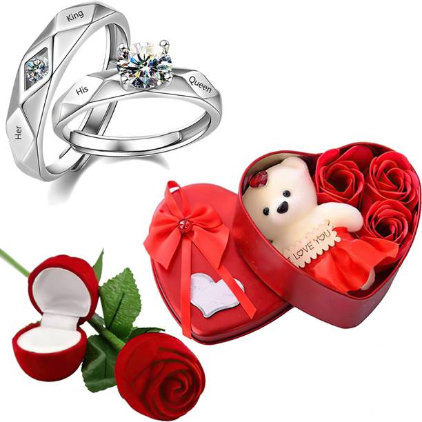 Thrillz Valentine Gift For Girlfriend Silver Ring For Women Girls Red Rose Heartbox Gift Stainless Steel Cubic Zirconia Silver Plated Ring