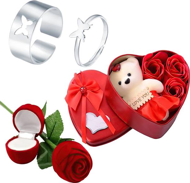 Thrillz Valentine Gift For Girlfriend Couple Silver Ring For Women Red Rose & Heartbox Stainless Steel Silver Plated Ring