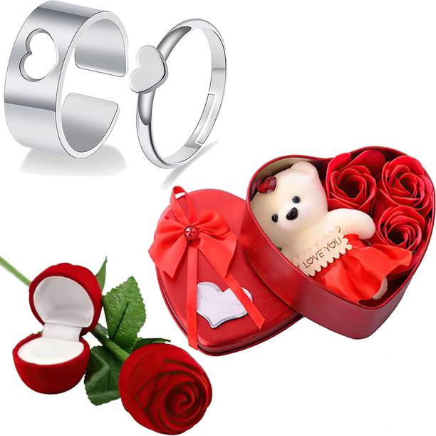 Thrillz Valentine Gift For Couple Silver Ring For Women Men Girls Red Rose Heartbox Gift Stainless Steel Silver Plated Ring