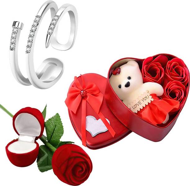 Thrillz Valentine Gift For Girlfriend Rings For Women Ring With Red Rose & Heartbox Alloy Cubic Zirconia Silver Plated Ring