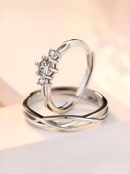 Couple Rings Silver Adjustable | Stylish Promise Ring Set for Men & Women. Stainless Steel Cubic Zirconia Silver Plated Ring Set