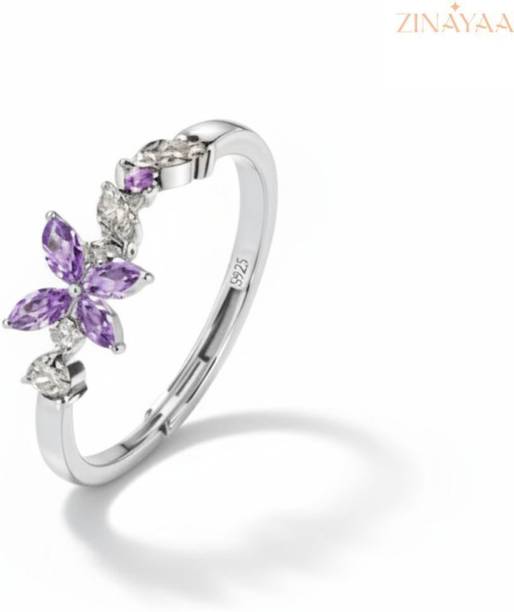 Zinayaa Zinayaa 92.5 Sterling Silver Purple Floral Accent Ring For Women Sterling Silver Cubic Zirconia Rhodium Plated Ring