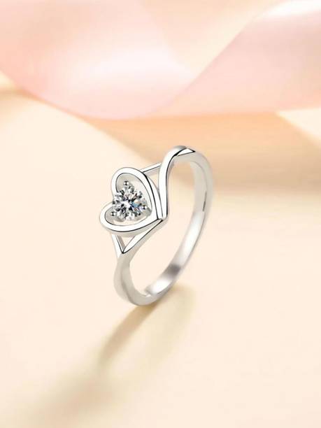 Valentine's Day Heart Adjustable Silver Ring For Women & Girls Stainless Steel Cubic Zirconia, Crystal, Diamond Silver Plated Ring