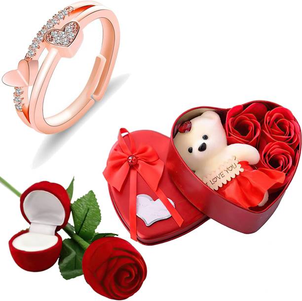 Thrillz Valentine Gift For Girlfriend Rose Gold Heart Ring For Women Red Rose Heartbox Stainless Steel Cubic Zirconia Gold Plated Ring