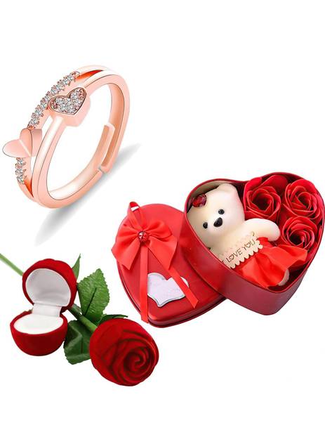 Thrillz Valentine Gift For Girlfriend Rose Gold Heart Ring For Women Red Rose Heartbox Stainless Steel Cubic Zirconia Gold Plated Ring