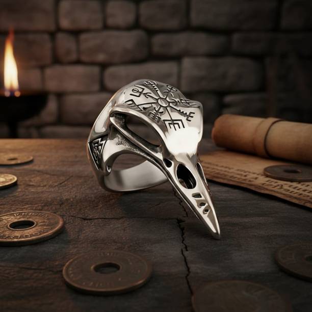 Gothic Crow Skull Ring Norse Wayfinder Signet Ring For Men & Boys Stainless Steel Silver Plated Ring