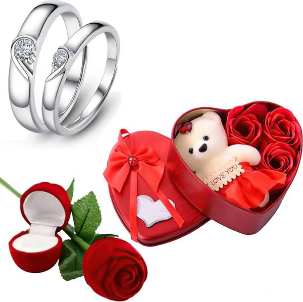 Thrillz Valentine Gift For Couple Silver Ring For Women Red Rose Heartbox Gift Alloy Cubic Zirconia Silver Plated Ring