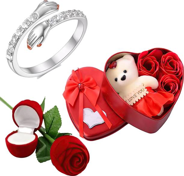Thrillz Valentine Gift For Girlfriend Silver Hug Ring For Women Ring Red Rose & Heartbox Alloy Cubic Zirconia Silver Plated Ring