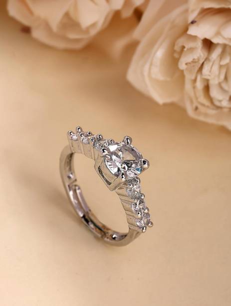ZENEME Silver Toned White American Diamond Round Shape Ring For Women & Girls Alloy Cubic Zirconia Rhodium Plated Ring