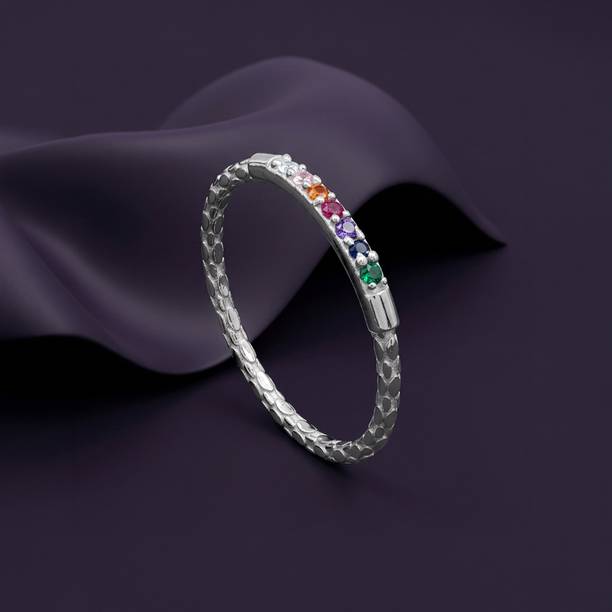 925 Silver Hammered Ring, Fixed Size Sterling Silver Cubic Zirconia Rhodium Plated Ring