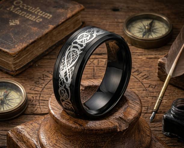 MONARKEY Trending Men’s Dragon Design Black Pattern Premium Designer Band Ring For Boys Stainless Steel Platinum Plated Ring