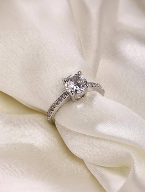 ZENEME Silver Toned White American Diamond Round Shape Ring For Women & Girls Alloy Cubic Zirconia Rhodium Plated Ring