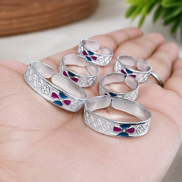 Women Silver Plated Adjustable Toe Ring |Random Design Bichiya | Pack of 6 Pcs Silver Silver Plated Toe Ring Set
