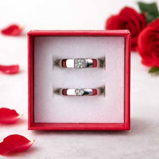 Dank jewel Matching Couple Rings Set in Red Gift Box with Rose Petals Alloy Silver Plated Ring