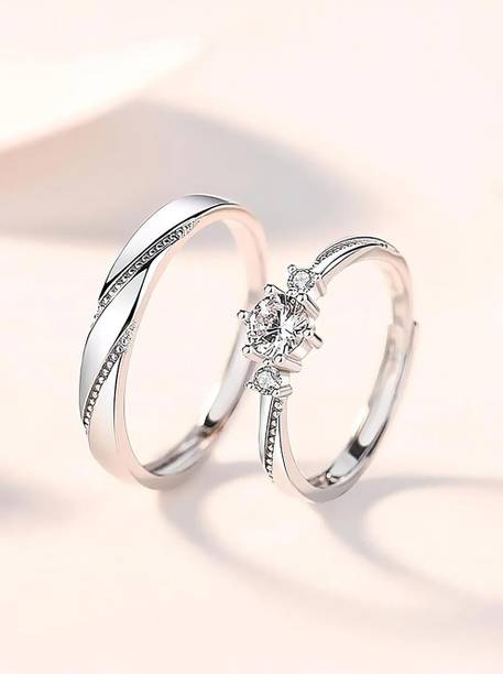 Adjustable Couple Combo Lovers American diamond Valentine Stainless Steel Cubic Zirconia, Crystal, Diamond Silver Plated Ring