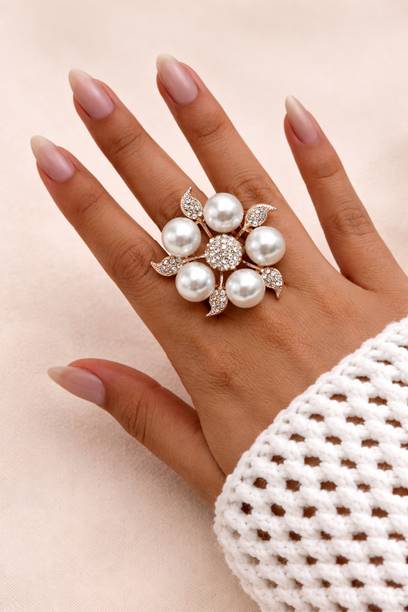 hautehandles Elegant Pearl Floral Statement Ring for Women Alloy Ring