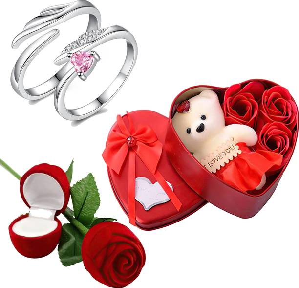 Thrillz Valentine Gift For Girlfriend Rings For Women Ring With Red Rose & Heartbox Stainless Steel Crystal Silver Plated Ring
