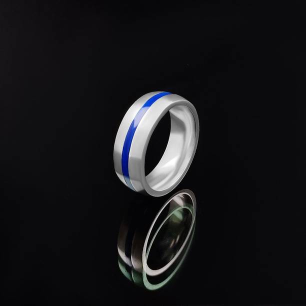 Kheer Impex Two Tone Blue Tungsten Ring with Wide Silver Brushed Finish Band Ring. Stainless Steel Rhodium Plated Ring