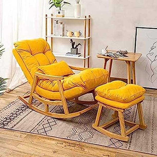 Artistic Interior Crafts Wood Rocking Chair Relax chair Rolling Chair Arm Rest Chair Yellow Cushion Solid Wood 1 Seater Rocking Chairs