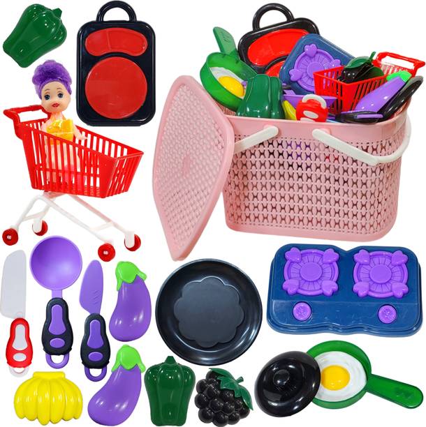 BABRO Bucket with Kitchen Toy Set for Kids, Kitchen Toy Set with Trolly & Mini Doll