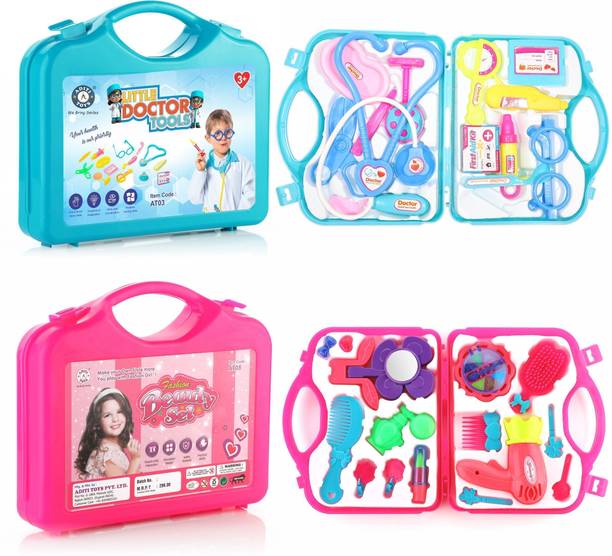 Aditi Toys Doctor & Beauty Playset Pretend Play Set combo with Foldable Suitcase(Blue/Pink)