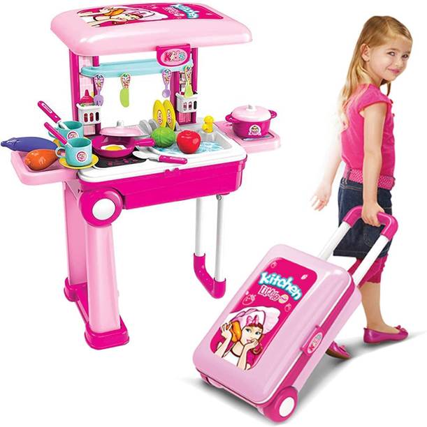 Veryke Kitchen Set for Kids Girls Cooking Set Light and Sound Portable Trolly Play Toys
