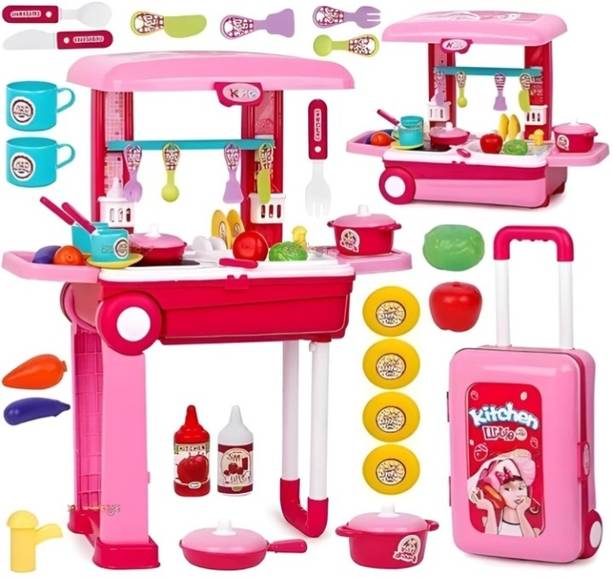 Prabal Kitchen Set for Kids Girls Big Cooking Set Trolley Pretend Play Toys