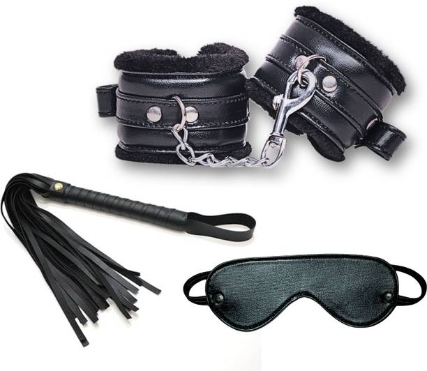 cinrada Handcuff Role Play Kit Black – 3 Pcs Combo Set with Cuffs, Flogger & Eye Mask