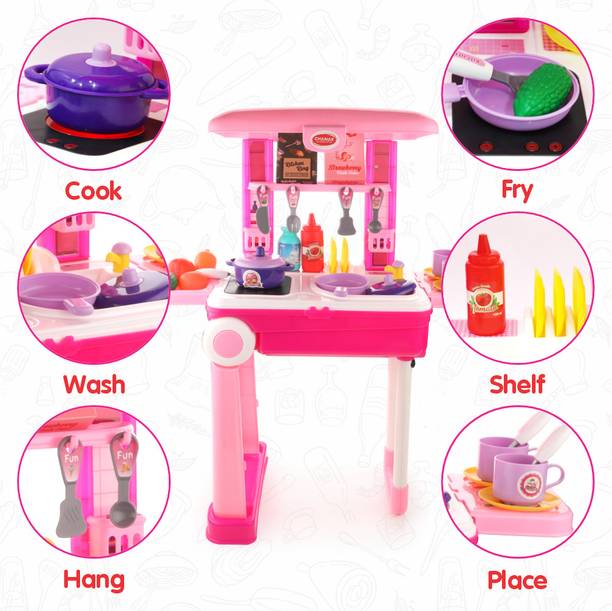 Aditi Toys Kitchen Suitcase Cooking Set for Girls On Wheels 24 Pieces Kitchen Set Trolley