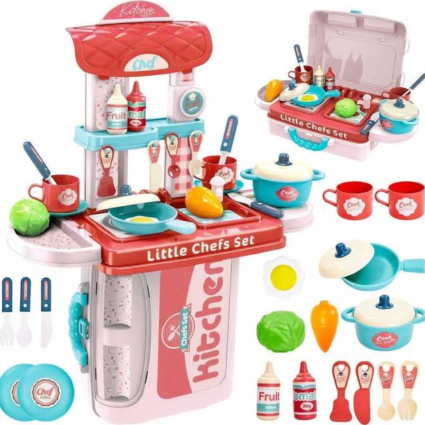 J K INTERNATIONAL 3 in 1 Kitchen Suitcase for Kids Mini Play Set Portable Cooking Toys for Girls