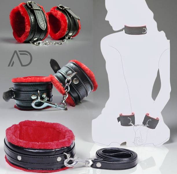 ARD Red & Black Soft Fur Leather Adjustable Wrist Handcuffs Chain Set