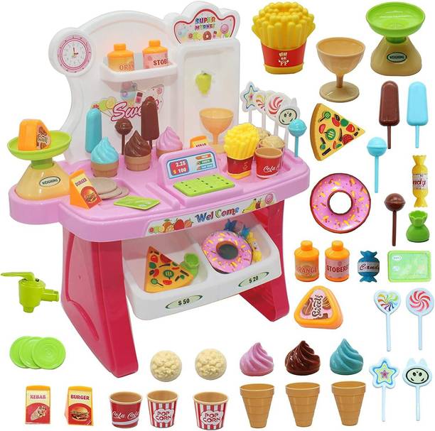 TechHark Battery Operated Super Mini Market For Kids Counter Ice Cream Sale Cashier 37PCS