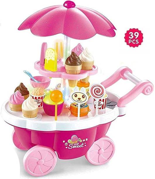 himanshu tex Ice Cream Toy Cart Play Set for Kids 39 Piece Pretend Play Food - Ice-Cream Trolley Truck with Music & Lighting - Great Gift for Girls and Boys Ages 3 - 12 Years Old