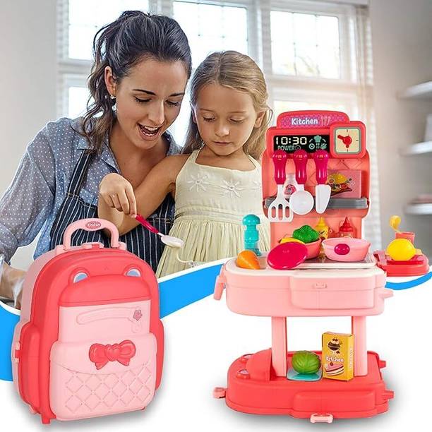 himanshu tex 34 Pcs School Bag Packing Pretend Play Cooking Game Modern Children Kitchen Set Toy for Kids Girls
