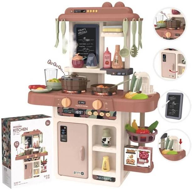 AESGOP Kitchen Set Toys with 42 Pcs Lights&Sounds, Play Sink with Running Water(Brown)