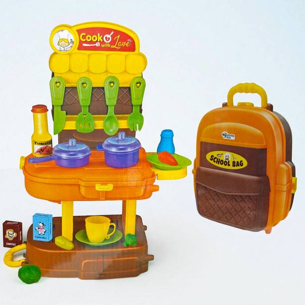 SABIRAT Kitchen Play Set for Kids with School Bag Case, Utensils & Accessories, 36 Pcs