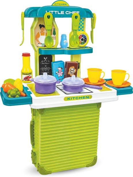 Mamma Mia Toys 2-in-1 Portable Kitchen Play Set & Trolley Suitcase Toy (Green)