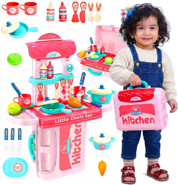 FIONATECH 3 in 1 Kitchen Suitcase for Kids Mini Kitchen Play Set Portable Cooking For Kids
