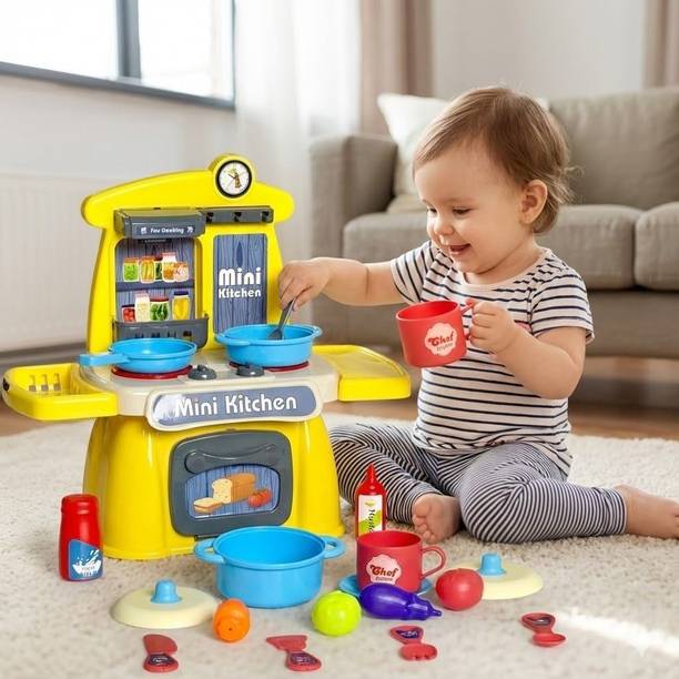 hanumant Mini Kitchen Set for Kids: Pretend Play Cooking Toy with Pots & Pans (Yellow)