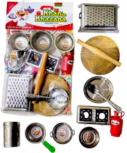 Balaji Toyes Kids Kitchen Play Set with Stainless Steel Utensils & Wooden Chakla Belan