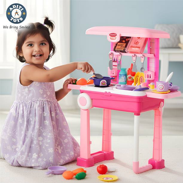 Aditi Toys Kitchen Suitcase Cooking Set for Girls On Wheels 24 Pieces Kitchen Set Trolley