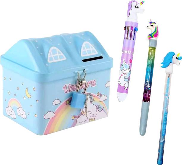 RELIA ONLINE Unicorn Money Bank with Stationery Set for Girls Kids Pack of 4